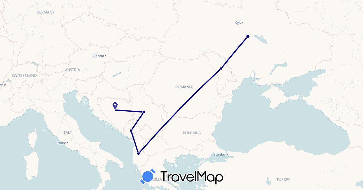 TravelMap itinerary: driving in Albania, Bosnia and Herzegovina, Moldova, Montenegro, Serbia, Ukraine (Europe)